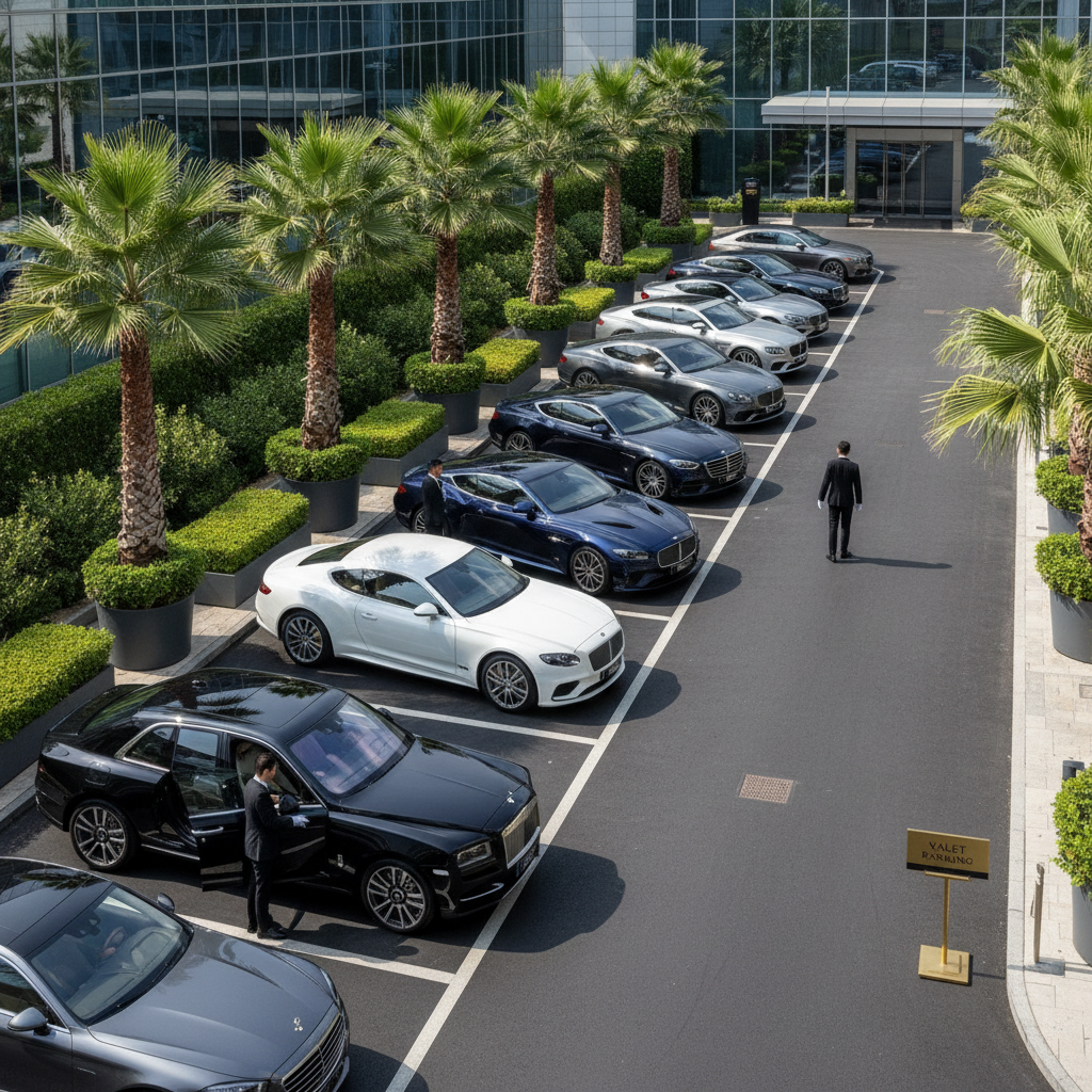 Professional valet attendant in uniform standing near luxury cars at night