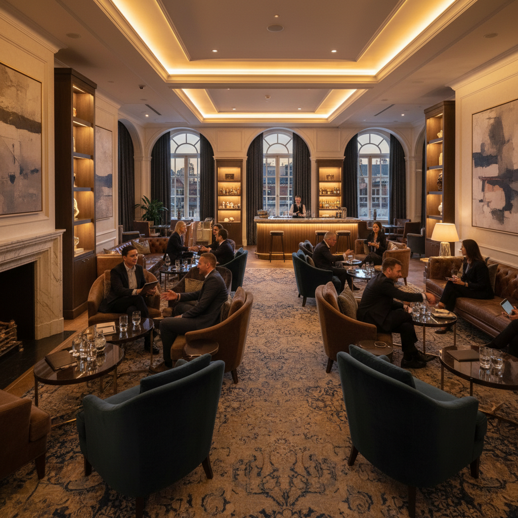 Luxurious VIP lounge with plush velvet seating and ambient purple lighting