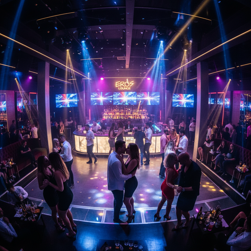 Vibrant disco party with colorful laser lights and dancing crowd in dark nightclub